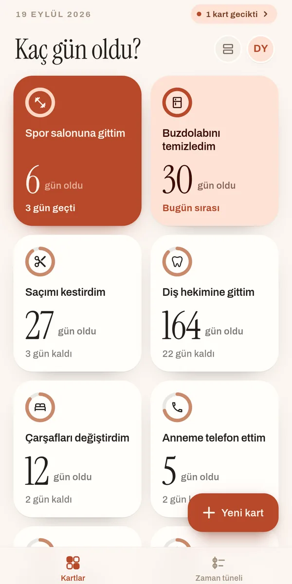 Kaç Gün Oldu? ana ekranı: gün sayılarıyla kartlar
