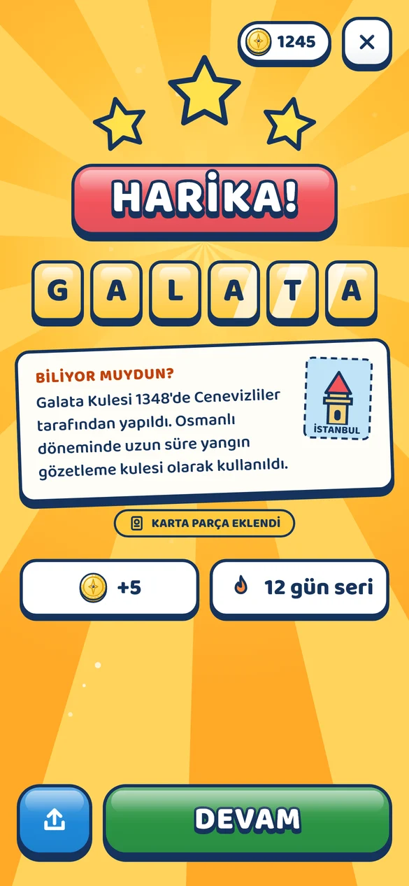 Tamamlama ekranı: gizli kelime GALATA