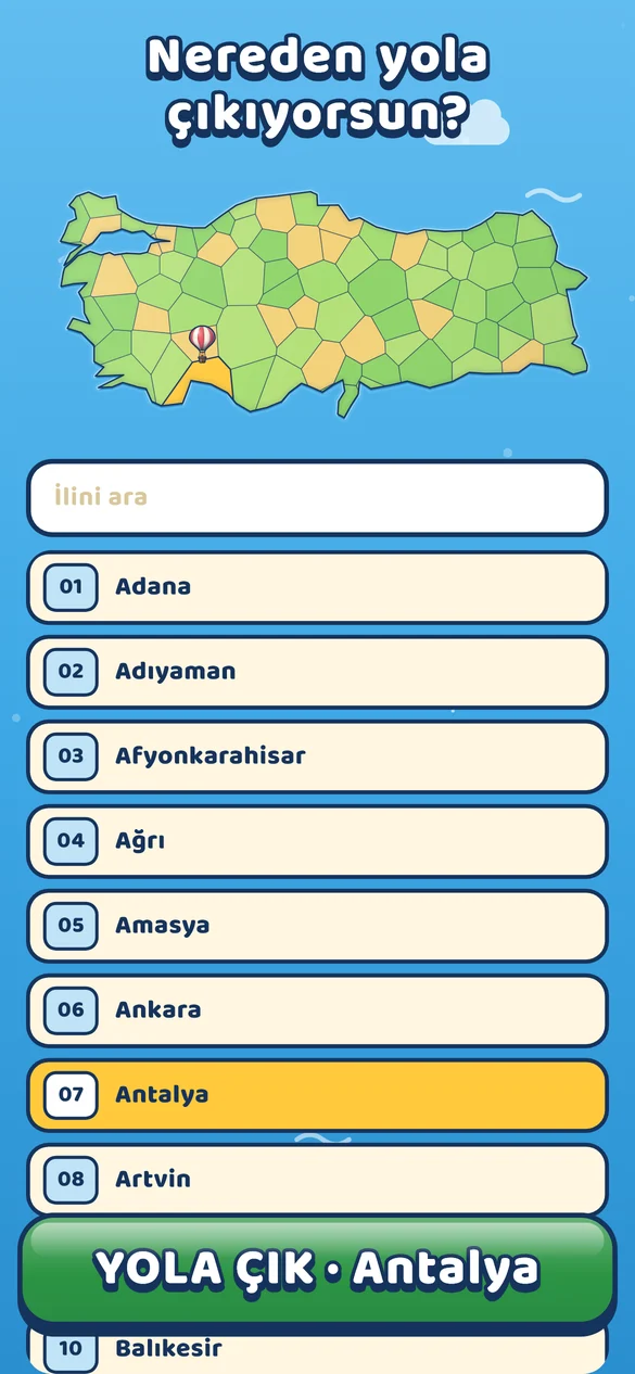 Memleket seçimi ekranı