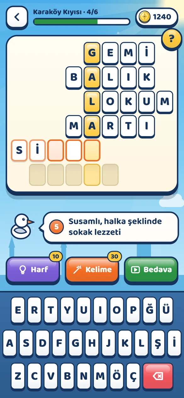 Oyun ekranı: çözülmüş satırlar, gizli kelime sütunu ve Türkçe klavye